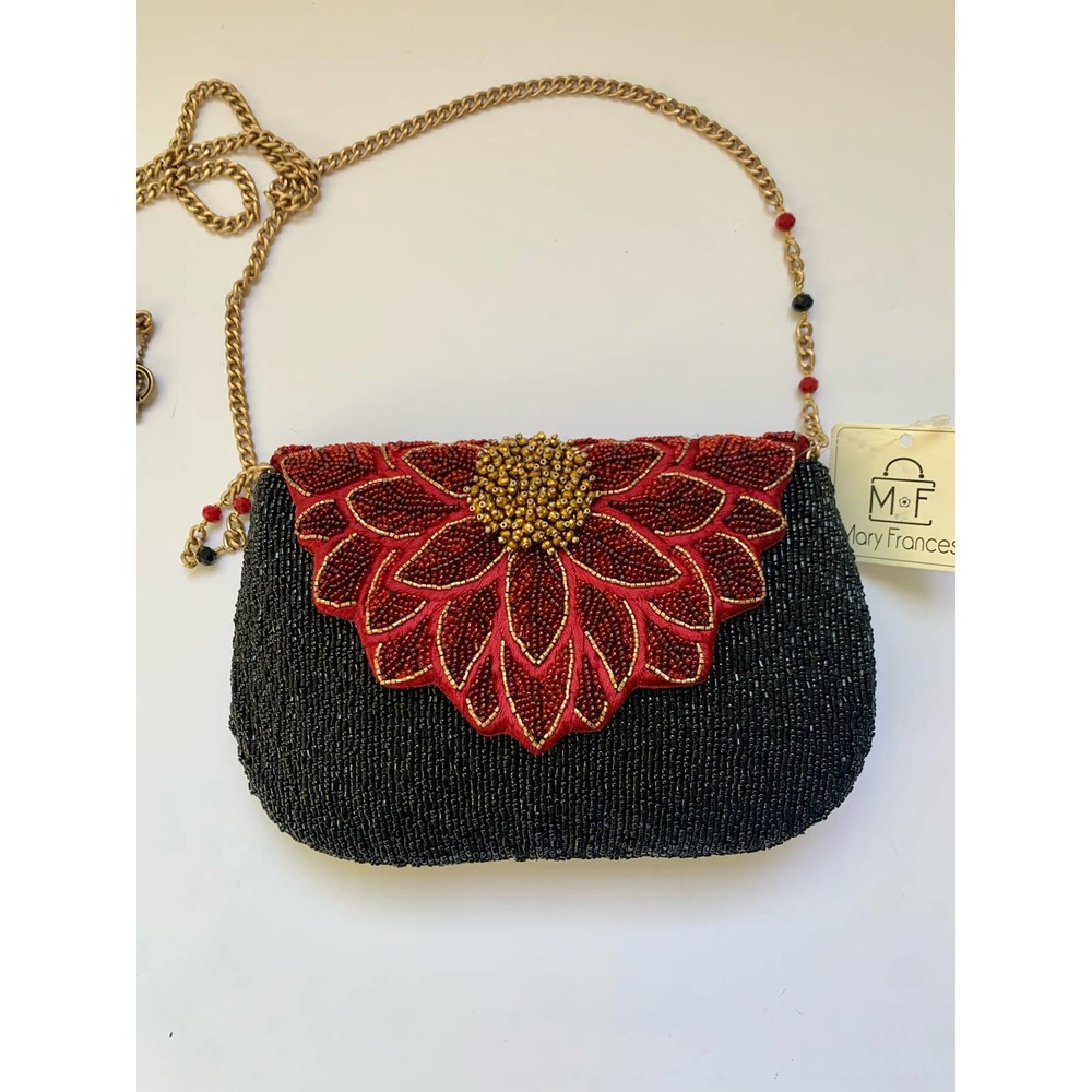 Mary Frances Crimson Bloom Black Crimson Crossbody Handbag New